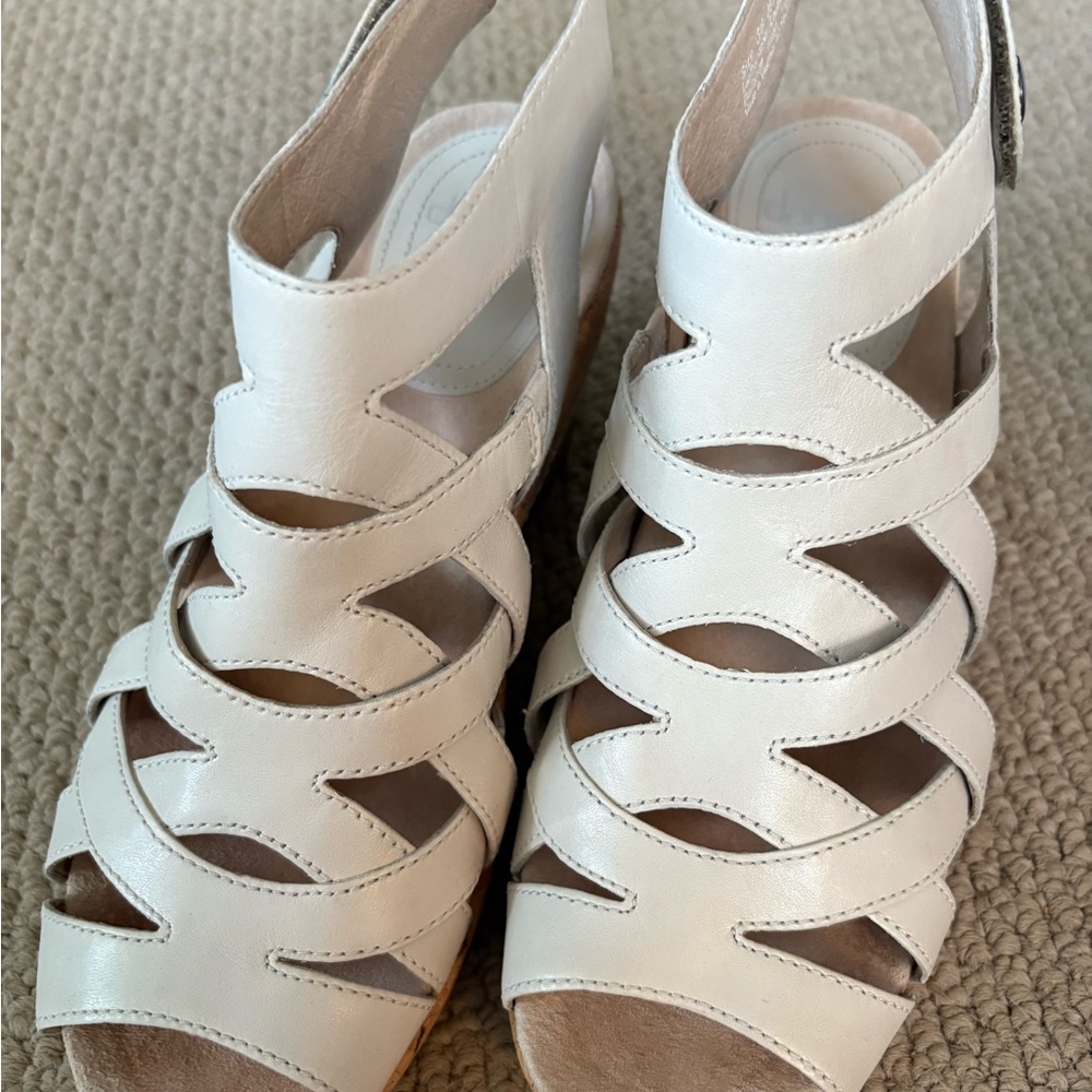 Dansko Cecily Ivory Leather Wedge Sandal with Crisscross Straps